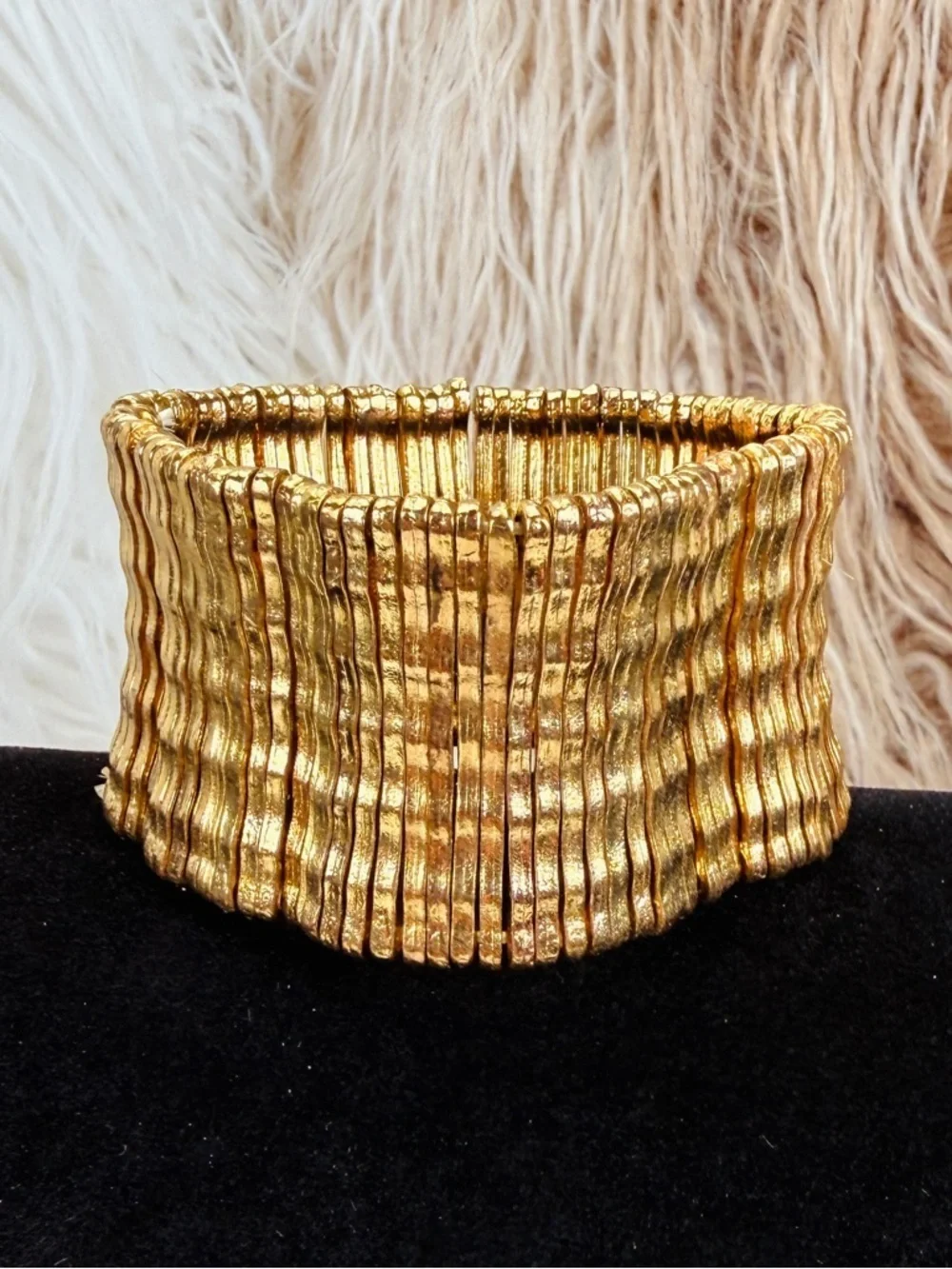 Goldtone Textured Wide Cuff Stretch Bracelet